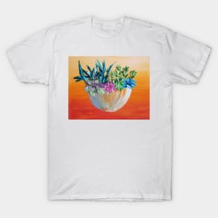 succulent plant in a pot, plant painting, boho colors, succulent on orange background T-Shirt
